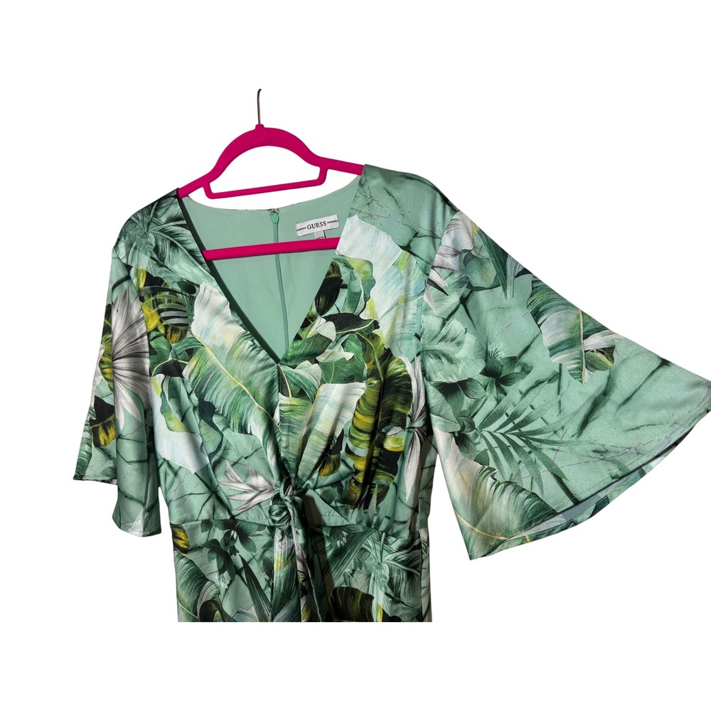 NWOT Guess‎ Tropical Leaf Print Tie Front Midi Dress Green V-Neck Flutter Sleeve - Picture 2 of 11